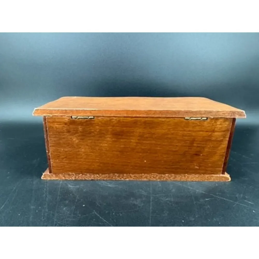 Vintage Wood Jewelry Box Mirror Cream Interior Drawer Ornate Metal Pulls 10.5